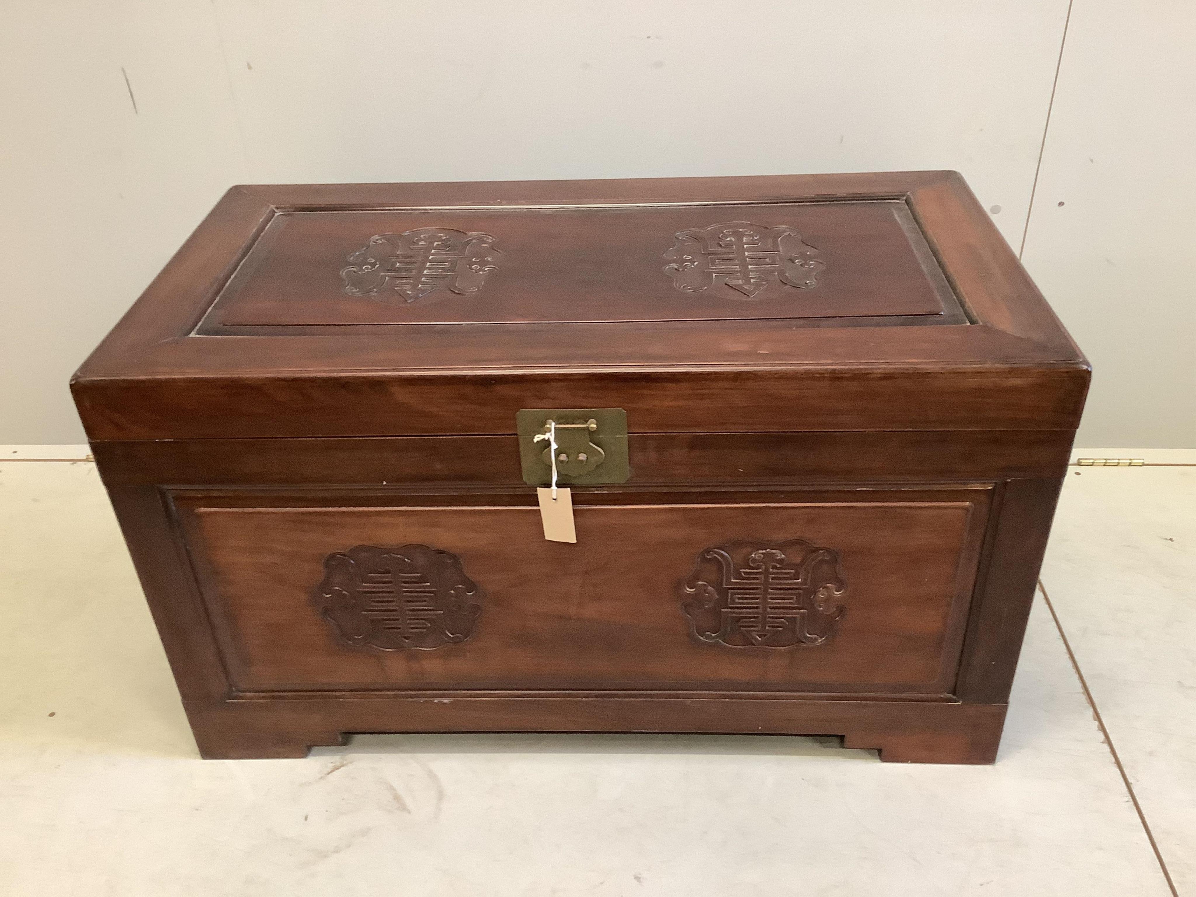 A Chinese hongmu and camphor lined chest, width 102cm, depth 53cm, height 58cm